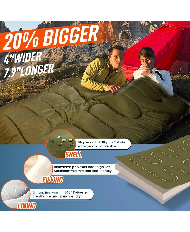 Gnuadz Double Sleeping Bag Adults Pillow Queen Two Person Camping Hiking Backpacking All Season Cold Warm