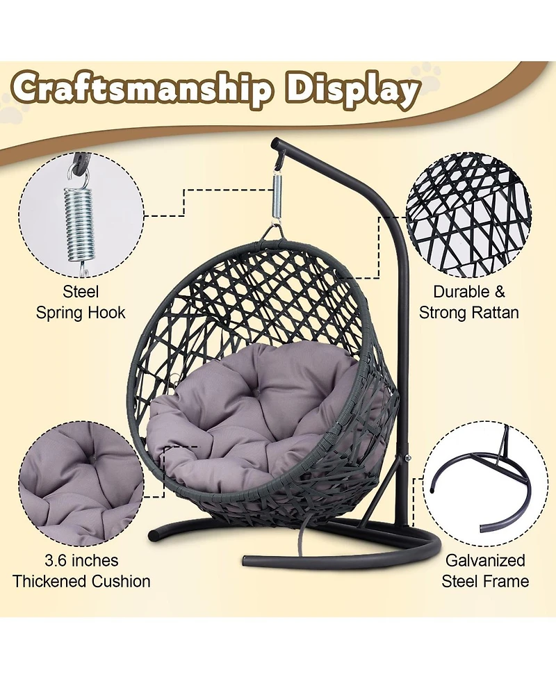 6thdruple Cat House Swing Bed, Indoor Egg Chair with Cushion, Rattan Look, for Small Pets