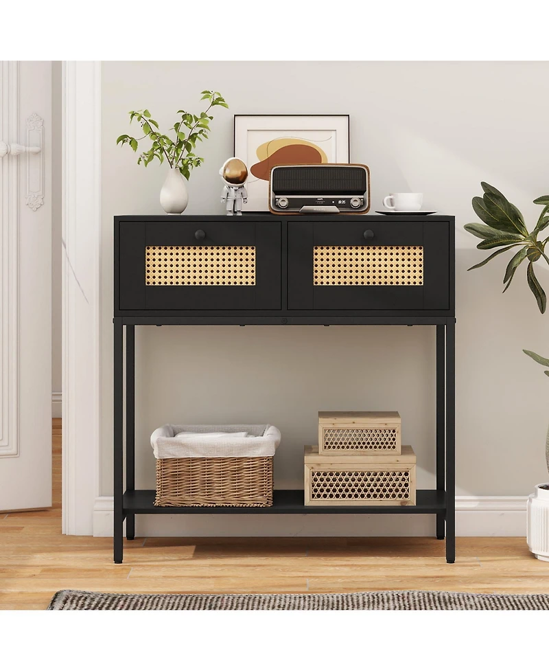 Slickblue Rattan Entryway Table with 2 Drawers and Open Shelf Storage