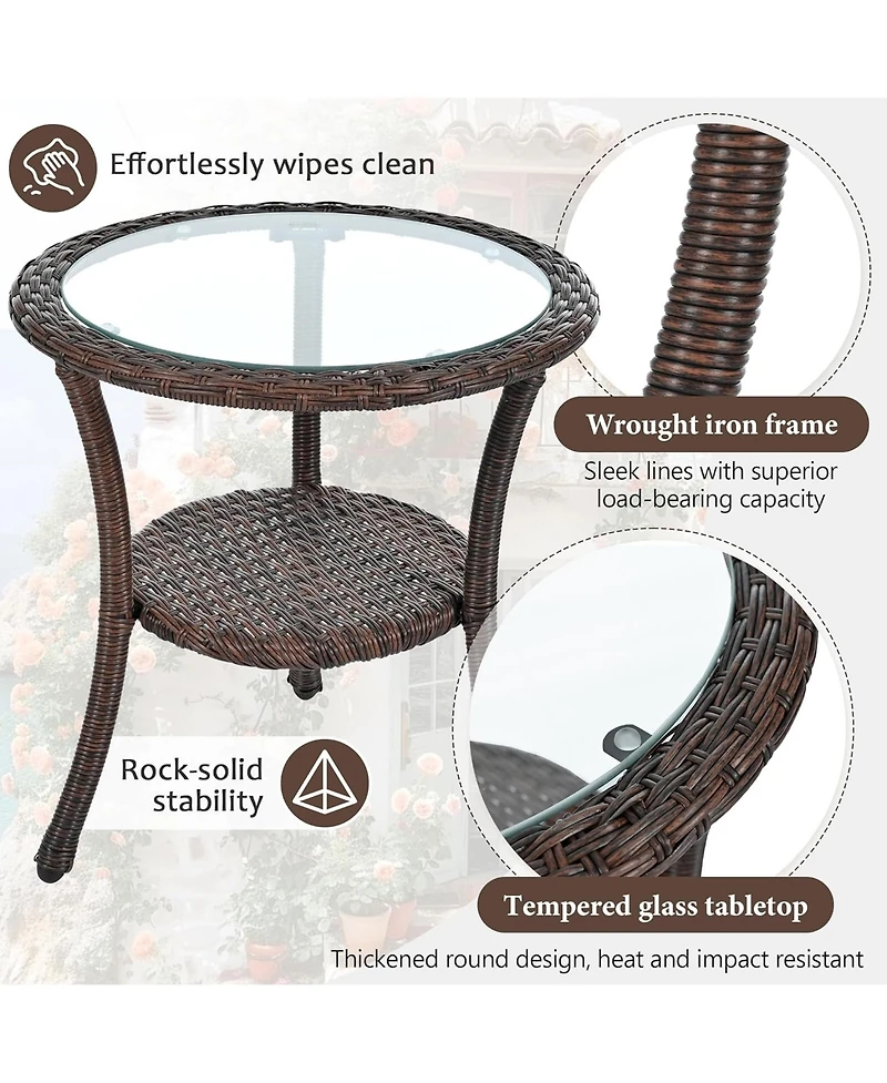 Rainsken Rattan Balcony Furniture Set of 3, Weather Resistant Wicker Bistro Chairs with Round Glass Table, Perfect for Patio, Backyard and Garden