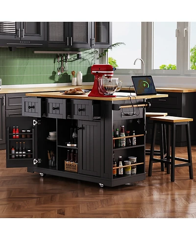 flynama 53" Kitchen Island with 2 Bar Stools, Power Outlet, Drop Leaf and 5 Lockable Wheels