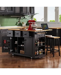 flynama 53" Kitchen Island with 2 Bar Stools, Power Outlet, Drop Leaf and 5 Lockable Wheels
