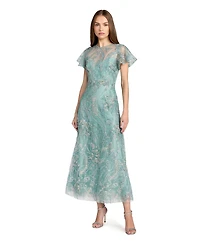 Mac Duggal Women's Floral Embroidered Flutter Sleeve Ankle Dress