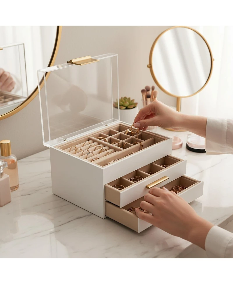 Yigii 3 Layer Acrylic Jewelry Organizer Clear Dustproof Storage Case with Drawers for Earrings Rings Necklaces