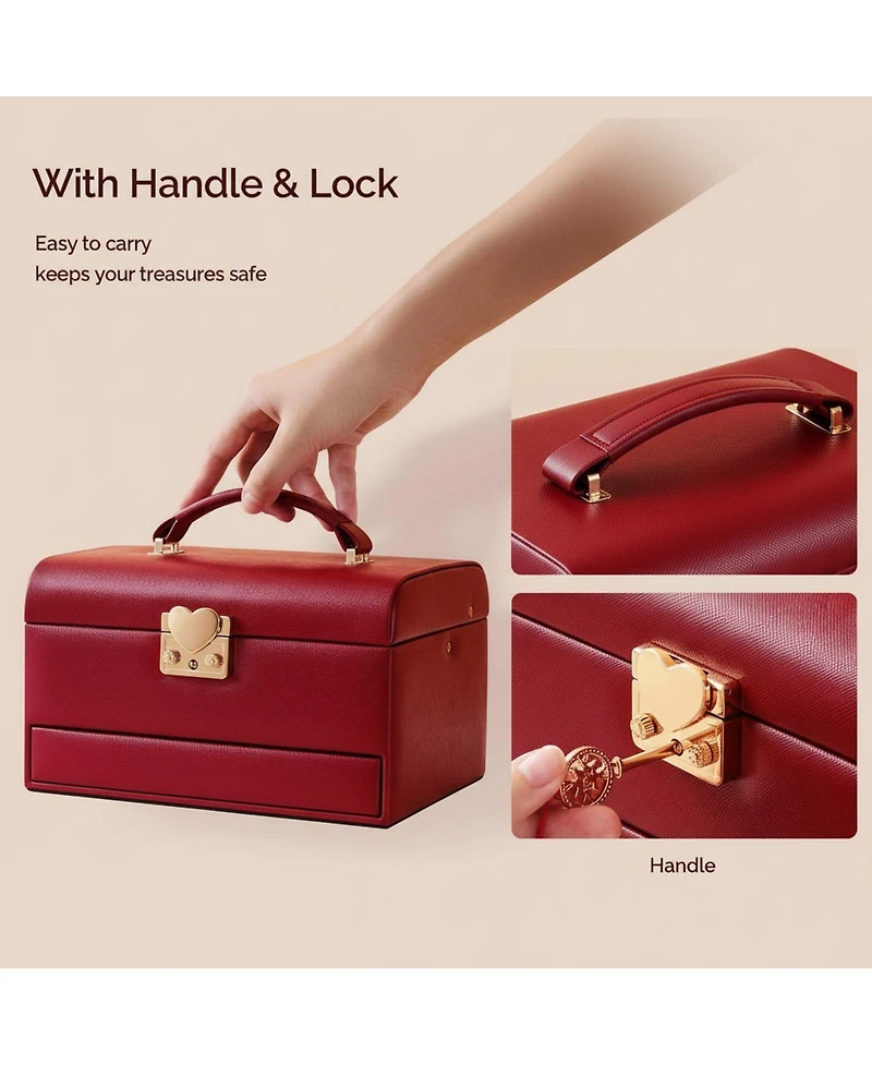 Yigii 3 Layers Leather Jewelry Storage Box with Lock Mirror Drawers for Necklaces Earrings Bracelets Rings