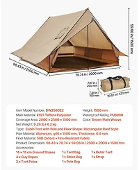 Mecale 2-Person Cabin Hot Tent with Stove Jack and Poles, Waterproof 4-Season Winter Tent with Fireproof Ground Mat