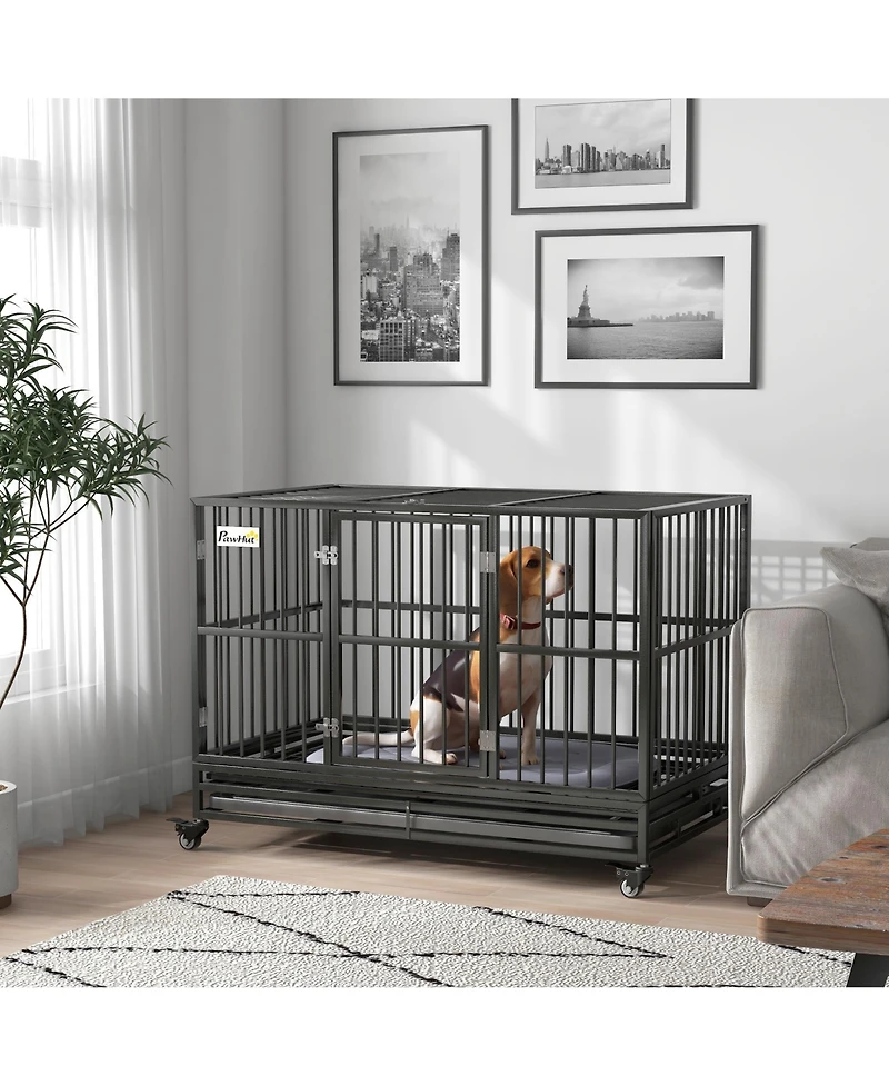 Aostirmotor 48" Heavy Duty Metal Dog Crate Kennel with Lockable Wheels, Double Door and Removable Tray