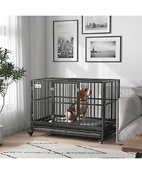 Aostirmotor 48" Heavy Duty Metal Dog Crate Kennel with Lockable Wheels, Double Door and Removable Tray