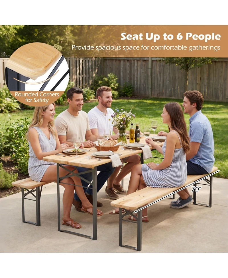 Sugift 70 Inch 3-Piece Folding Picnic Table with Benches for 6 Fir Wood Portable Bear Camping Table.