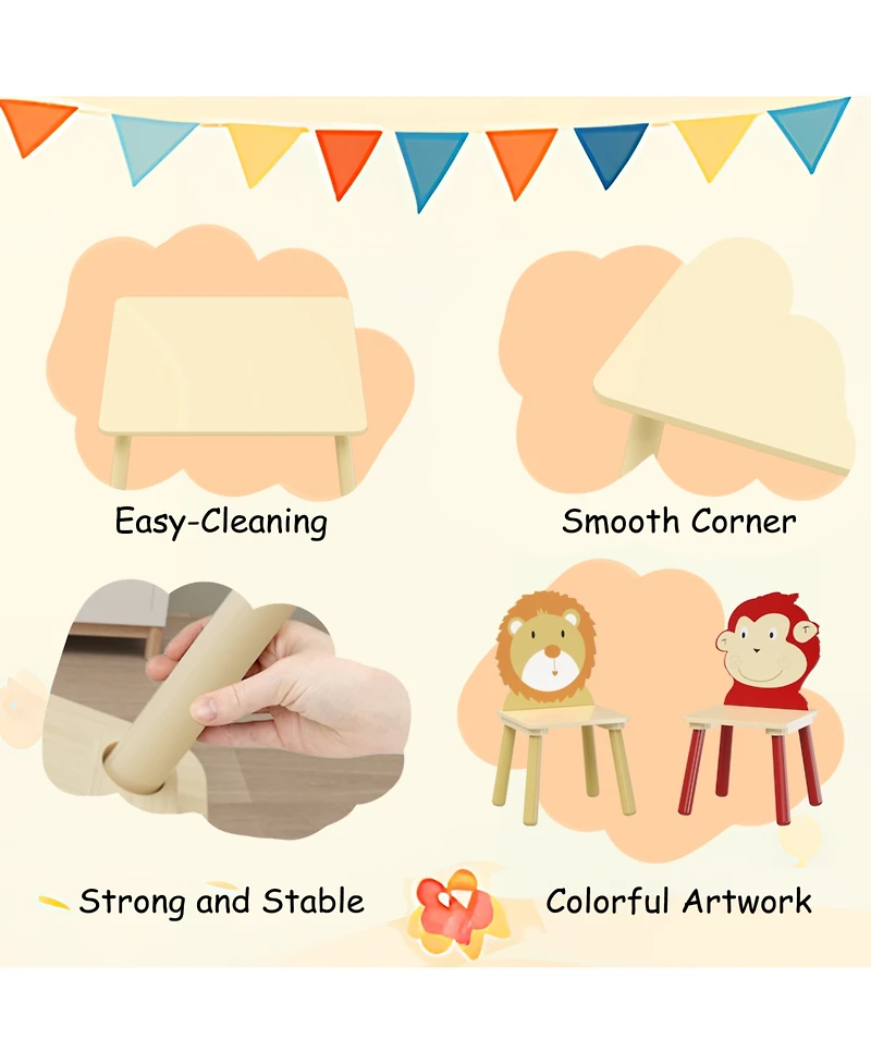 Rainsken 3 Piece Wood Table and Chair Set, w/ 2 LionandMonkey Animals Chairs, Wood Activity Tables Drawing Play Table Set, for Age 2-6 Boy Girl