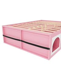 Rainsken Queen Modern Wooden Platform Bed for Kids and Teens, Space-Saving Storage Bed Frame with Bookshelf, Drawer and Led Lighted Display Cabinet