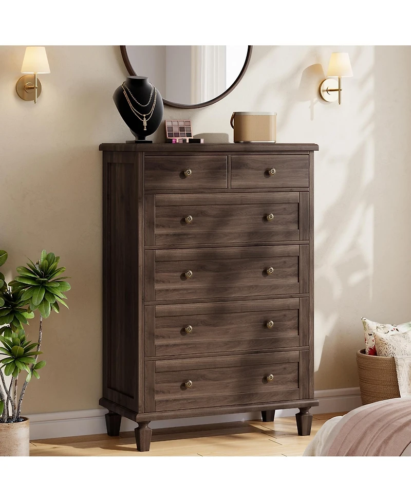 gaomon Bedroom 47" Tall 6 Drawer Dresser, Vintage Wood Chest of Drawers with Carved Handles.