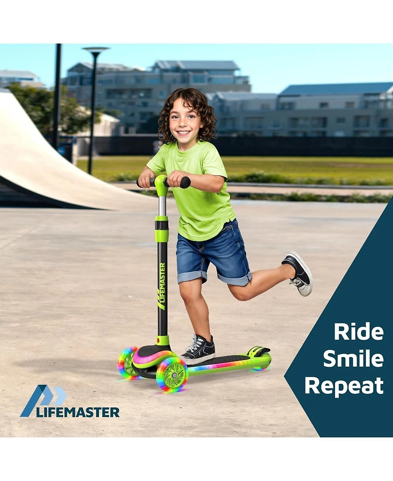 Lifemaster 3-Wheel Kids Scooter, with multi-color Led lights, 5-height adjustable handlebar, wide anti-slip deck, safety certified.