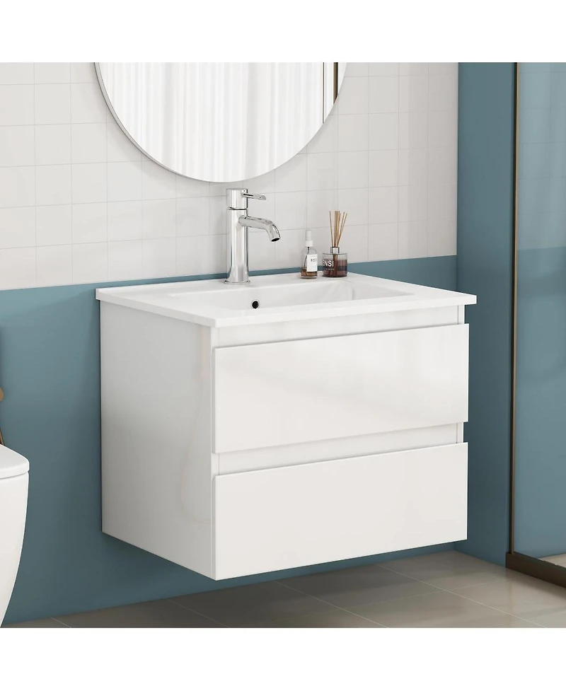 Sillysis Inch Bathroom Vanity with Ceramic Sink, Glossy Cabinet, 2 Soft Close Drawers, Compact Storage for Small Spaces