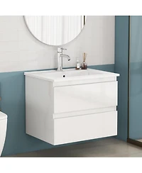 Sillysis Inch Bathroom Vanity with Ceramic Sink, Glossy Cabinet, 2 Soft Close Drawers, Compact Storage for Small Spaces