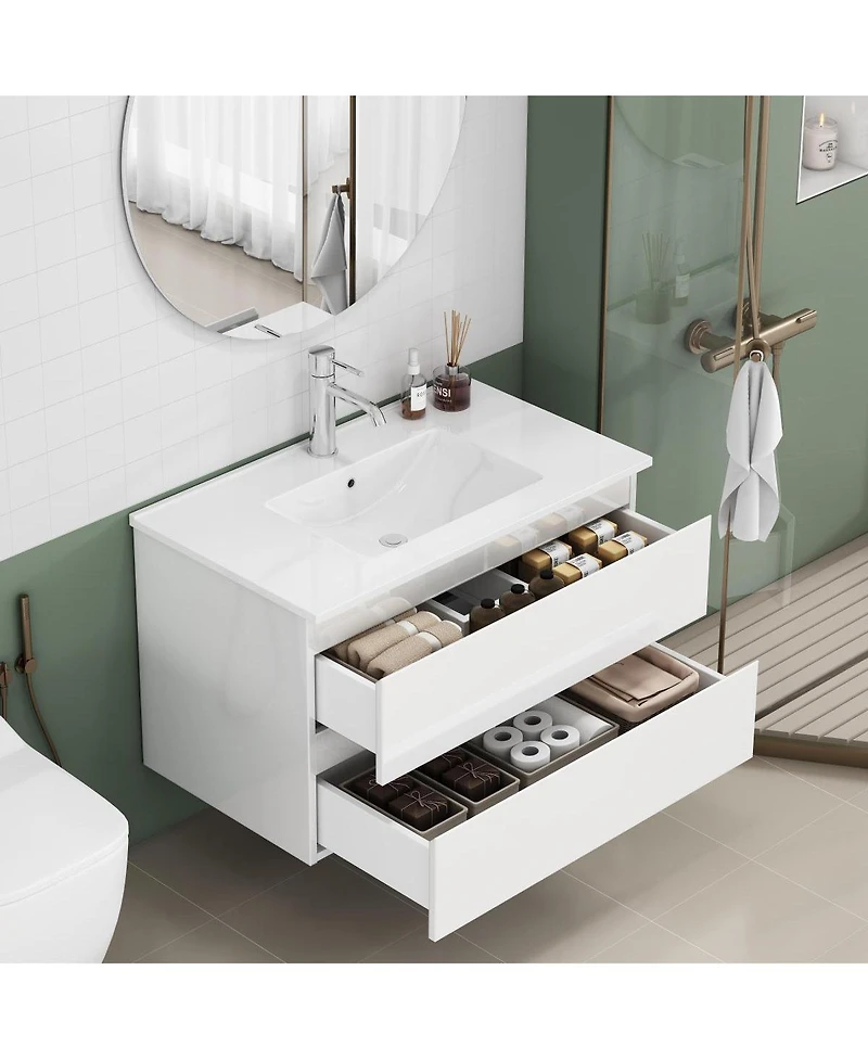 Sillysis Walnut Freestanding Bathroom Vanity with Sintered Stone Top, Ceramic Sink, Soft Close Storage