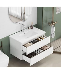 Sillysis Walnut Freestanding Bathroom Vanity with Sintered Stone Top, Ceramic Sink, Soft Close Storage