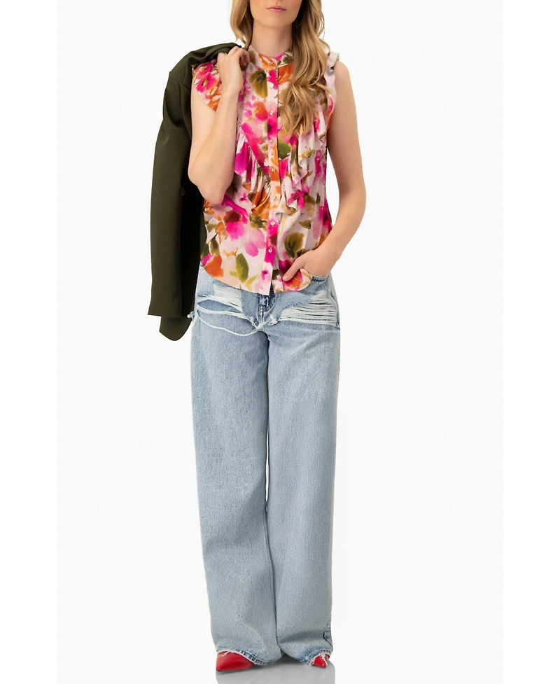 Ivonne Women's Sleeveless Floral Blouse with Ruffle Detail