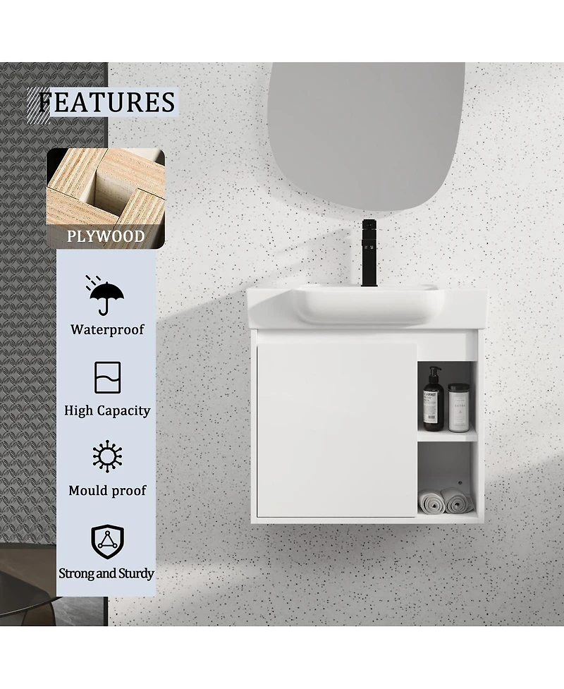 Sillysis Inch Wall Mounted Bathroom Vanity with Ceramic Sink, Modern Plywood Cabinet, Soft Close Door