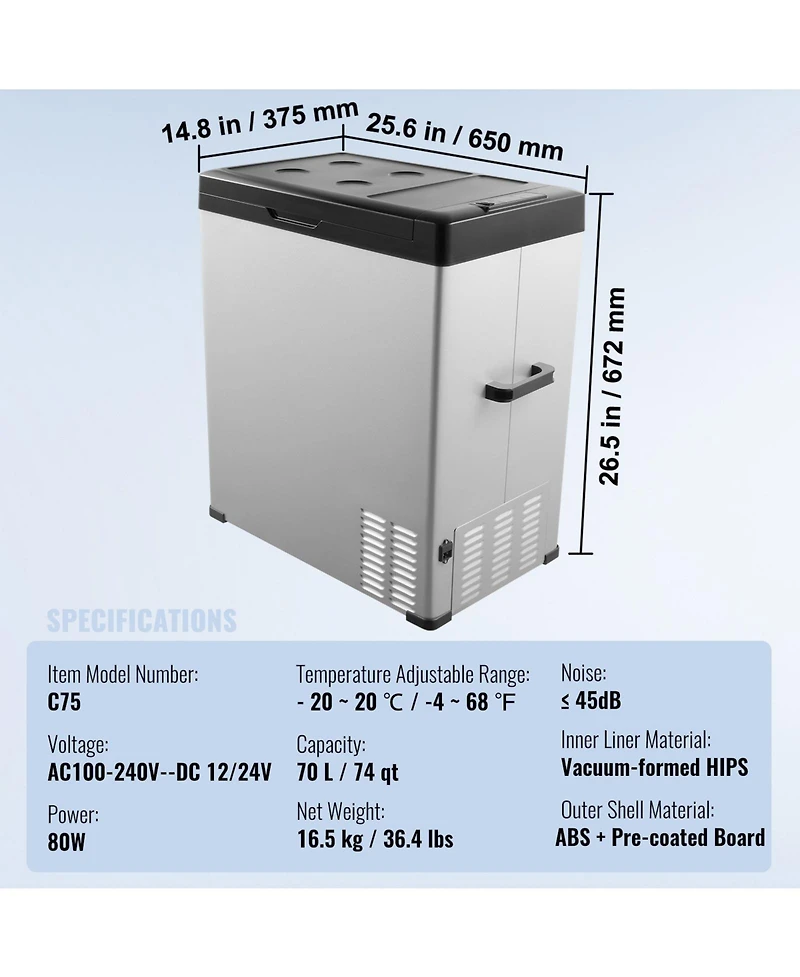 Mecale 70 Liter Portable Car Refrigerator 12V Single Zone for Camping Rv