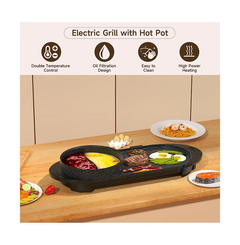 Artudatech Portable 2-in-1 Electric Hot Pot and Bbq Grill - Non-Stick Teppanyaki Pan
