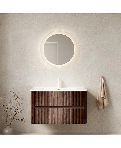 Sillysis 36 Inch Wall Mounted Bathroom Vanity with Integrated Ceramic Sink, Double Drawer Storage, Modern Floating Plywood Cabinet