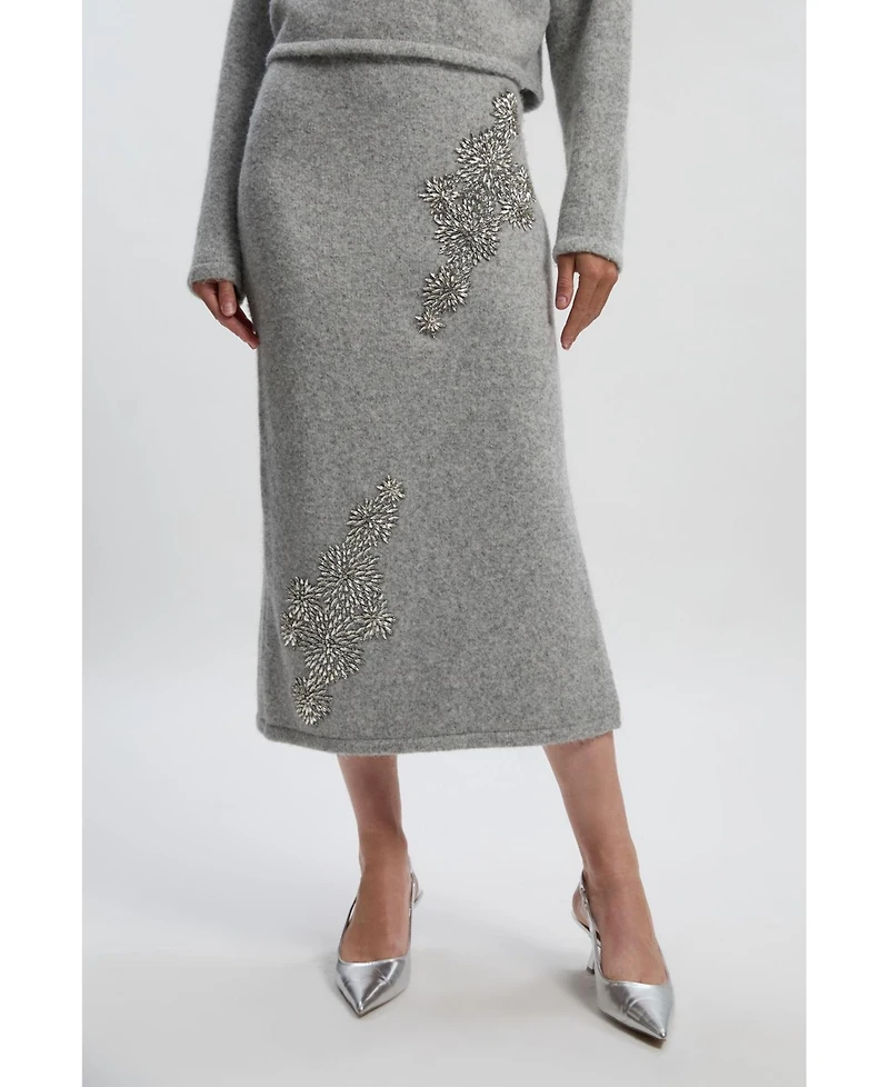 Karen Millen Women's Wool Embellished Pencil Midi Skirt