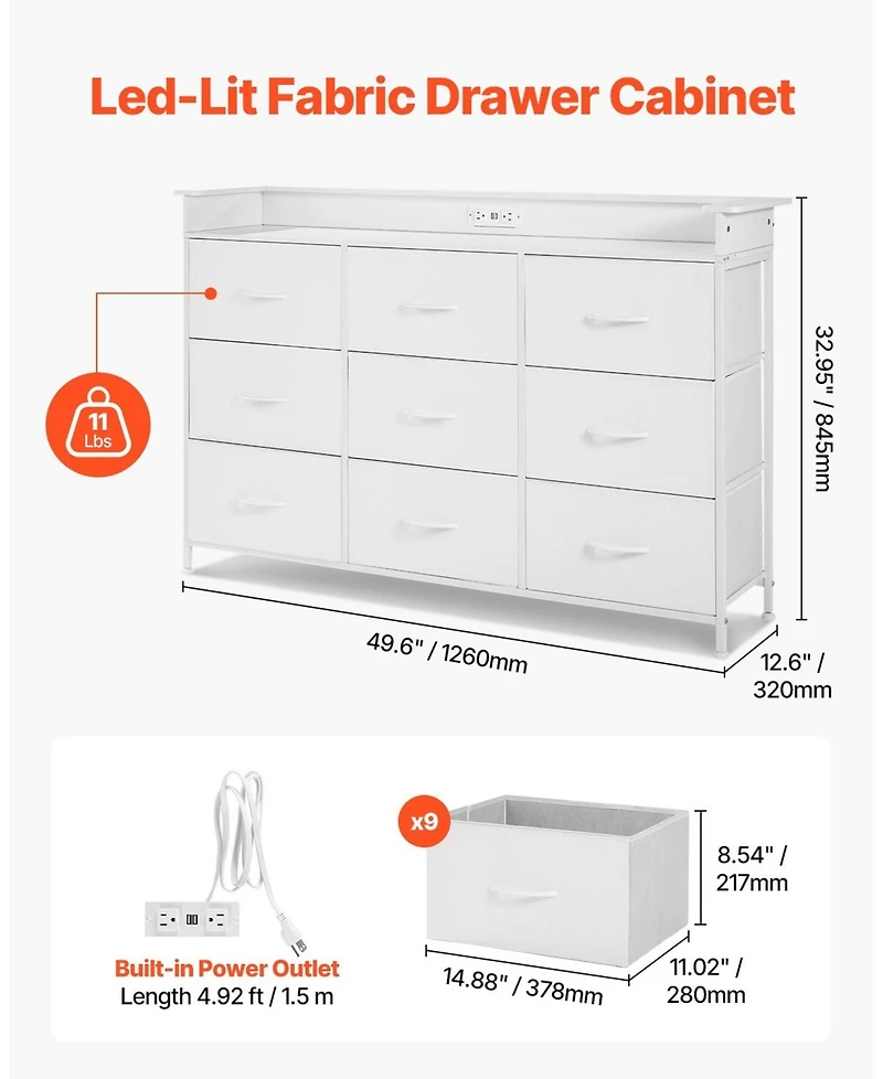 Gouun Led 9-Drawer Fabric Dresser with Built-In Outlet and Metal Frame
