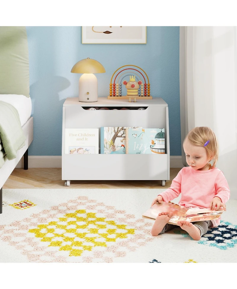 Sugift Wooden Mobile Toy Storage Organizer with Bookshelf and Lockable Wheels