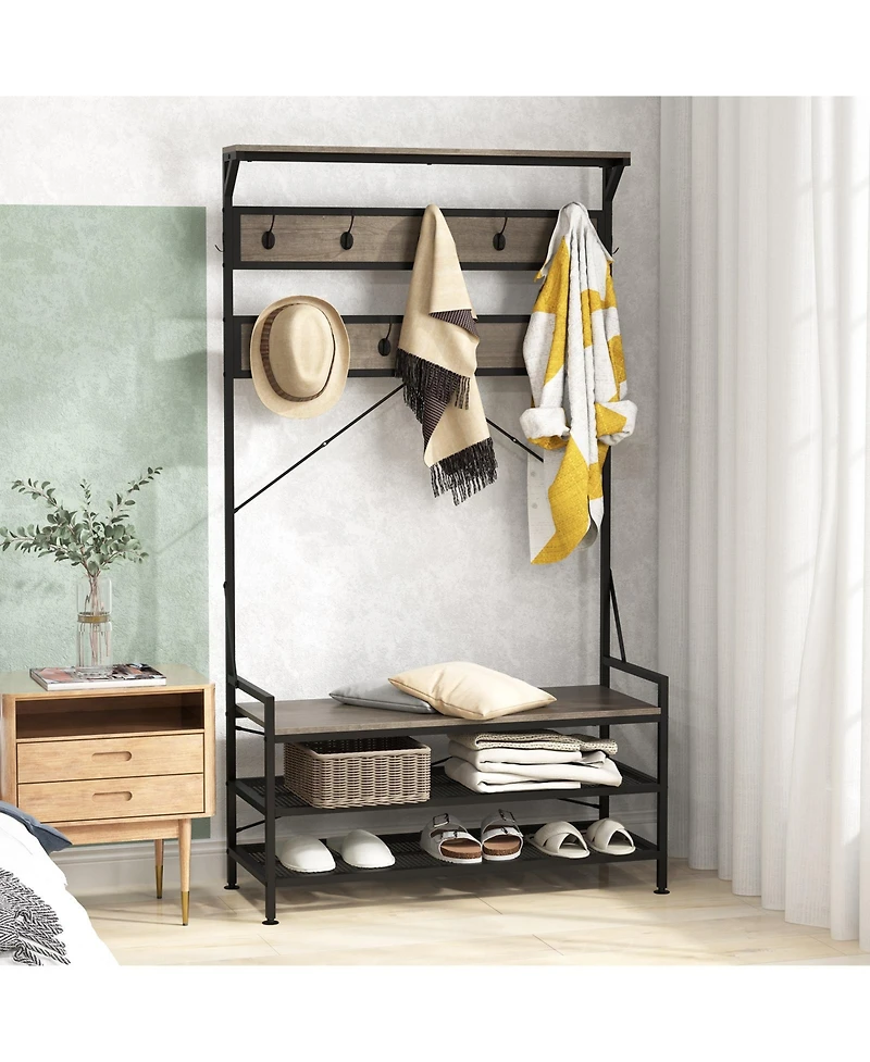 Sugift Coat Rack 4-In-1 Hall Tree with 11 Hanging Hooks Shoe Bench