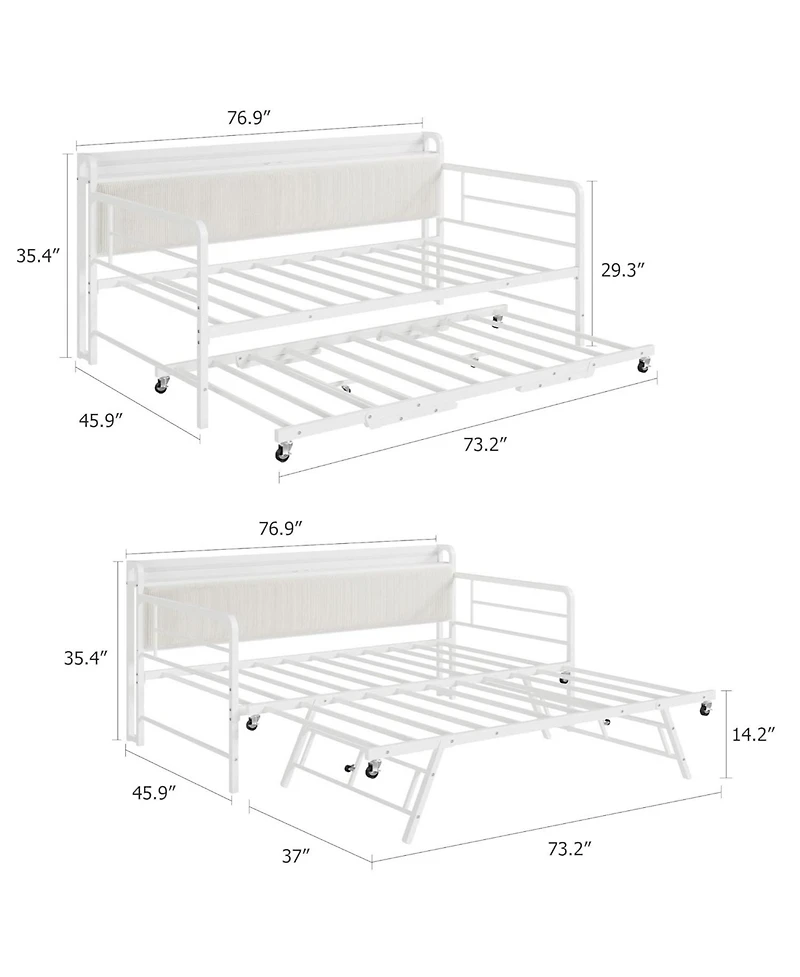 gaomon Daybed with Trundle Bed, Twin Bed Frame with Corduroy Upholstered Storage Headboard & Charging Station and Led Light, Heavy Duty Metal Day Bed