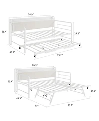 gaomon Daybed with Trundle Bed, Twin Bed Frame with Corduroy Upholstered Storage Headboard & Charging Station and Led Light, Heavy Duty Metal Day Bed