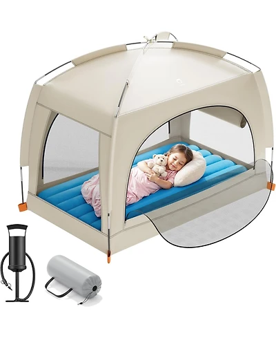 Qpau Inflatable Toddler Travel Bed with Tent - Lightweight Blow Up Kids Air Mattress with Hand Pump - Indoor and Outdoor Portable Sleeping Solution