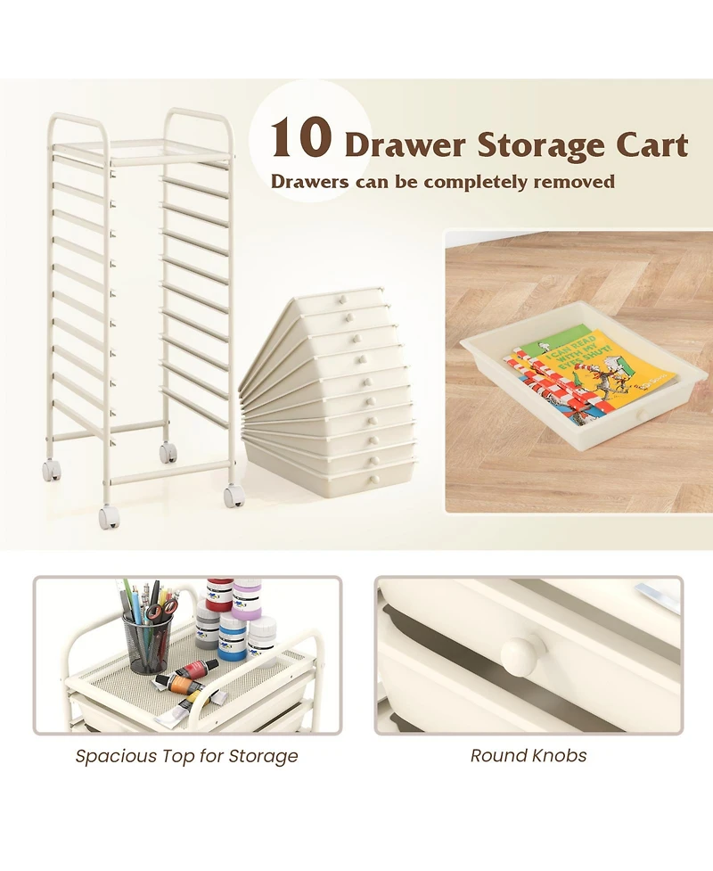 Sugift 10 Drawer Rolling Storage Cart Organizer with 4 Universal Casters
