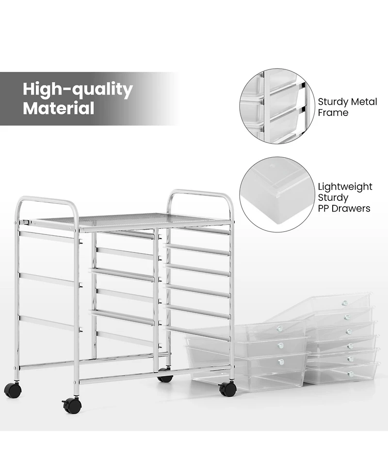 Sugift 9-Drawer Rolling Storage Cart with Colorful Drawers and Metal Frame-Transparent