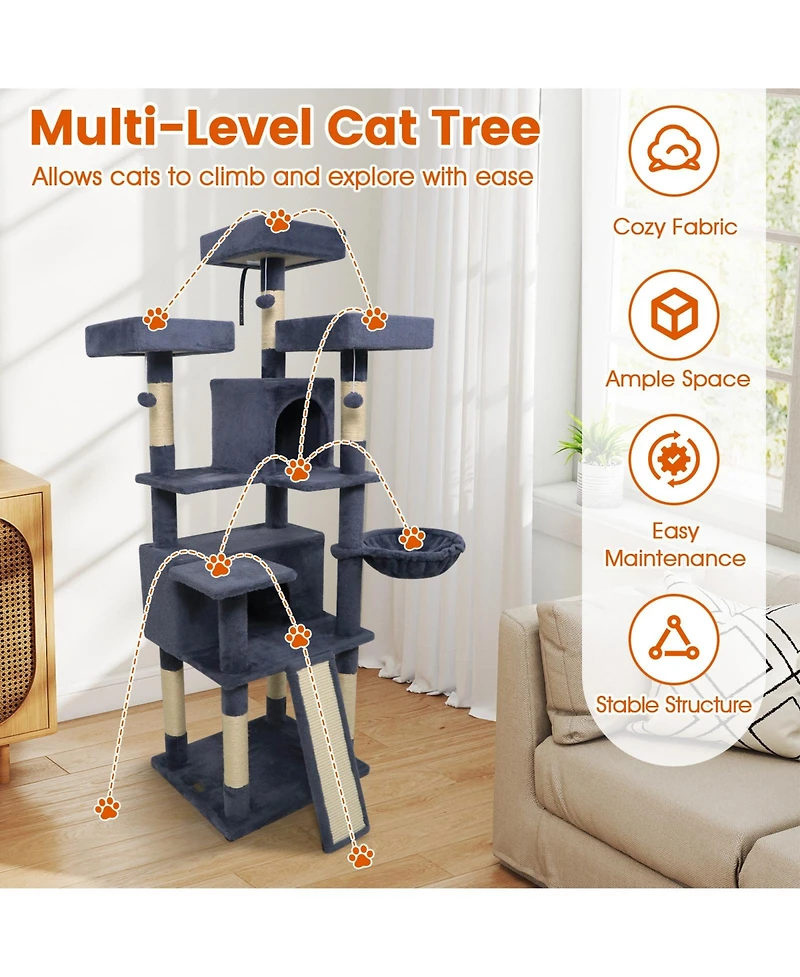 Cozito Cat Tree 65 inch with 3 Plush Perches and 2 Condos