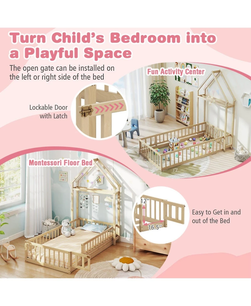 Gouun Twin House Floor Bed with House-Shaped Headboard