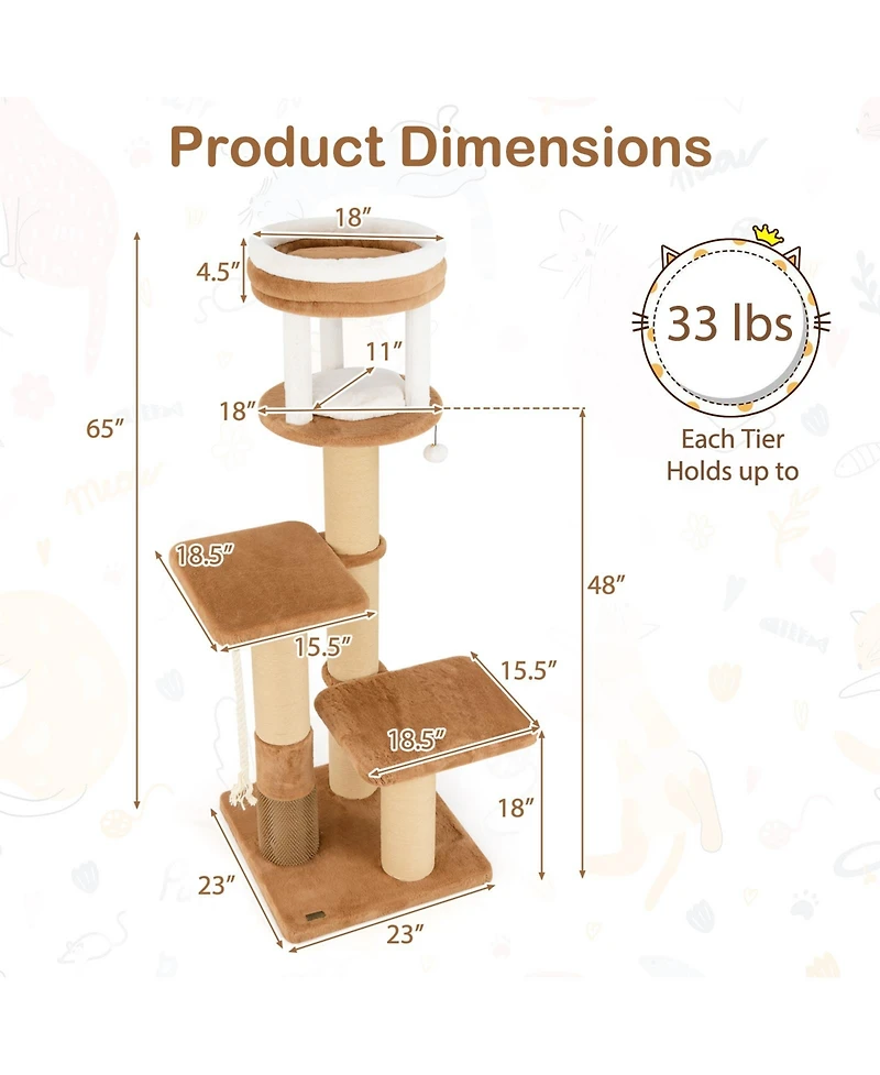 Cozito Cat Tree 65 in with Self-Groomer and Removable Cat Bed