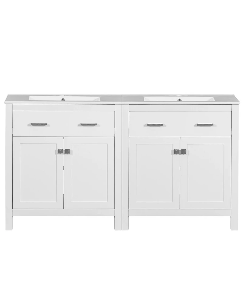Sillysis 60 Inch Double Sink Bathroom Vanity with Ceramic Sinks, Solid Wood Frame, Flip-Out Drawer and Adjustable Shelf