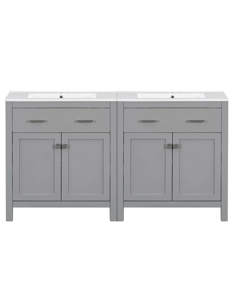 Sillysis 60 Inch Double Sink Bathroom Vanity with Ceramic Sinks, Solid Wood Frame, Flip-Out Drawer and Adjustable Shelf