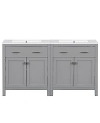 Sillysis 60 Inch Double Sink Bathroom Vanity with Ceramic Sinks, Solid Wood Frame, Flip-Out Drawer and Adjustable Shelf