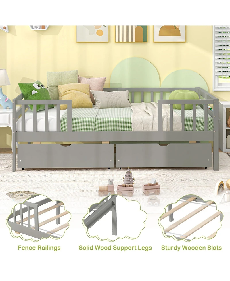 Sugift Twin Daybed with Fence and 2 Drawers Kids Bed for Boys and Girls