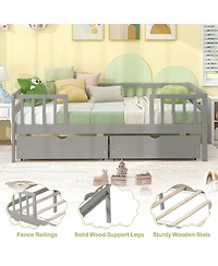 Sugift Twin Daybed with Fence and 2 Drawers Kids Bed for Boys and Girls