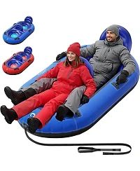 Qpau 2-Person Inflatable Snow Tube with Dual Backrests and Tow Rope, Heavy Duty Canvas-Covered Blow Up Snow Sled