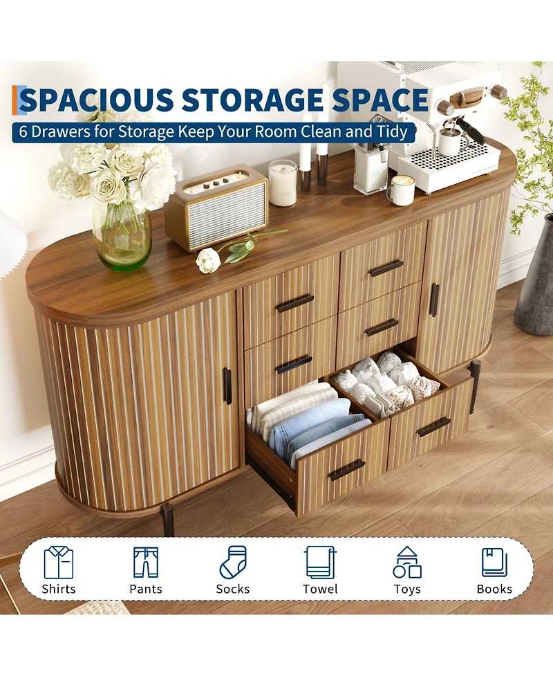 gaomon Home 59in Sideboard Buffet Cabinet, Wood Grain Farmhouse Fluted Credenza Console Table, 6 Drawers 2 Sliding Doors.
