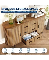 gaomon Home 59in Sideboard Buffet Cabinet, Wood Grain Farmhouse Fluted Credenza Console Table, 6 Drawers 2 Sliding Doors.