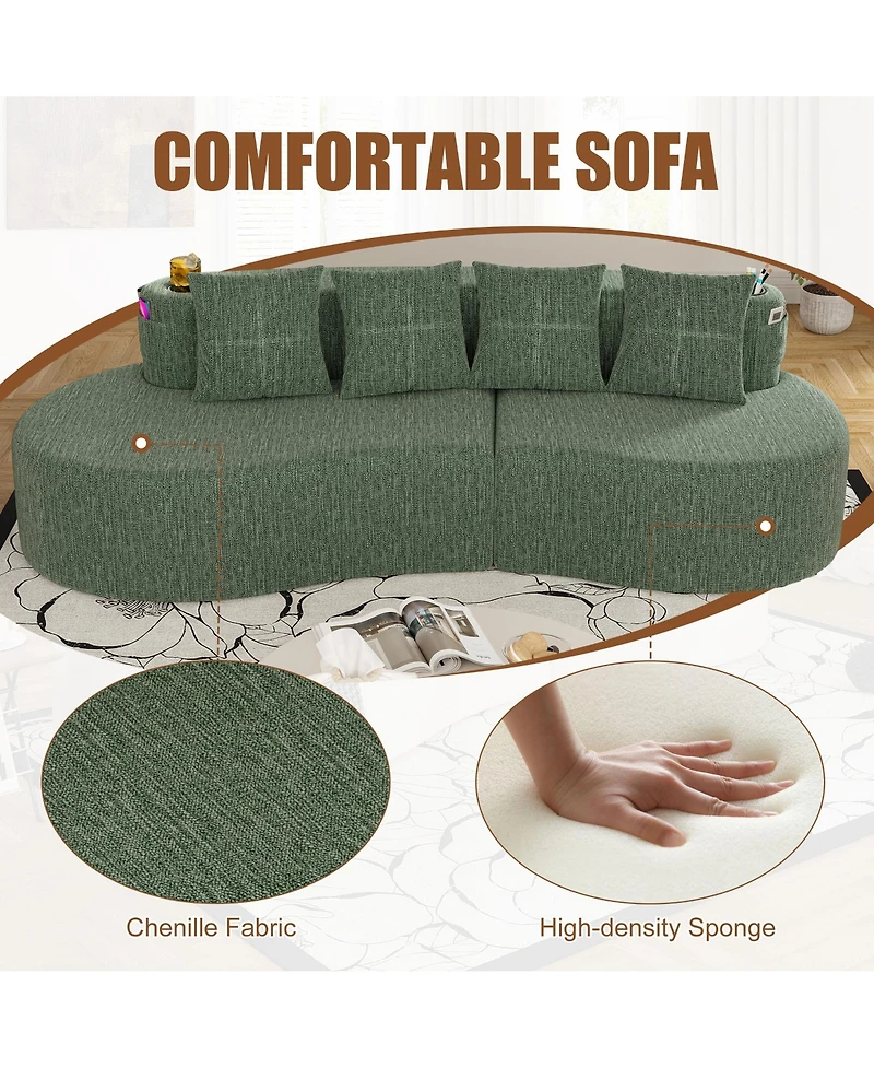 Rainsken Chenille Fabric Half Moon Sofa, 3-Seater Modern Curved Modular Sectional with Cup Holders and Side Pockets for Household Decor