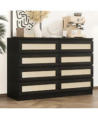 gaomon Bedroom 47.24 Inch 8 Drawer Rattan Dresser, Wooden Chest of Drawers with Farmhouse Storage