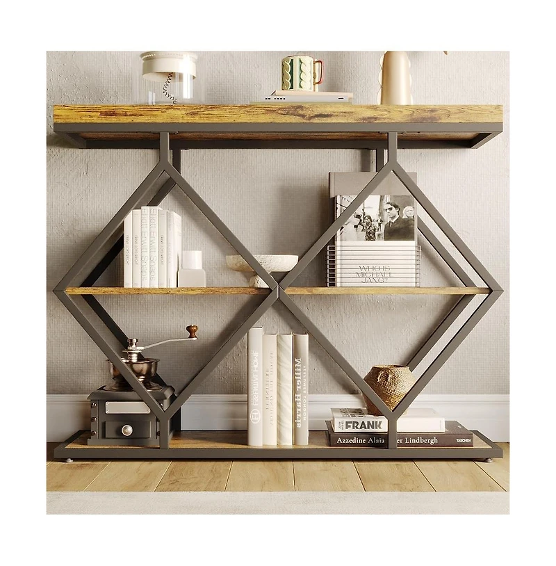 gaomon 3-Tier Industrial Entryway Table with Diamond-Shaped Metal Frame, Open Shelf Console Sofa Table for Living Room, Hallway, Foyer Storage
