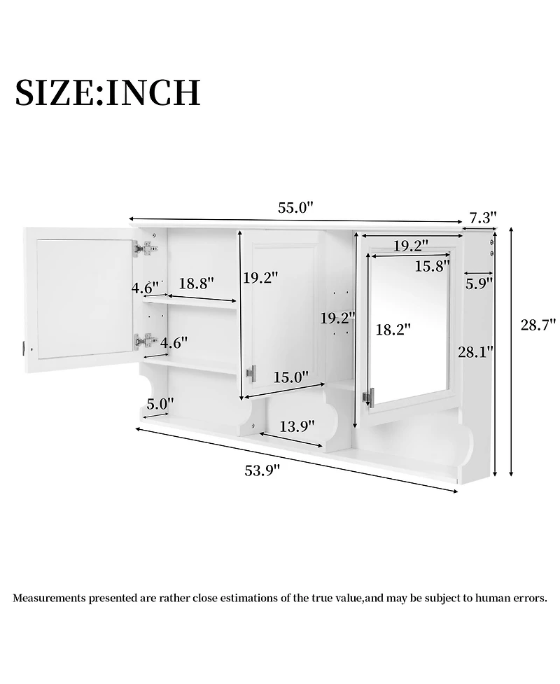 Busdays 55 Inch Wall Mounted Mirror Medicine Cabinet with Doors Open Shelves Adjustable Storage Bathroom Cabinet Over Toilet Home Organization